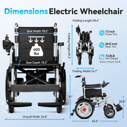 Electric Wheelchair for Adults, Foldable and Portable Power Chair, 25+ Mile Long Range, Lightweight All-Terrain Motorized Wheelchair