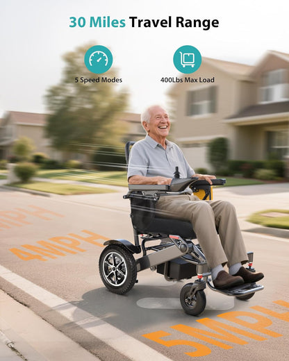 30-Mile Range Foldable Electric Wheelchair , 500W Dual Motor All-Terrain Mobility Power Chair, Lightweight Portable Wheelchair , 400 lbs Capacity