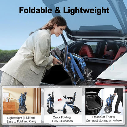 Lightweight Foldable Electric Wheelchair, 500W Motor, 20 km Range, 18 kg Portable Powerchair for Travel & Airplane Approved