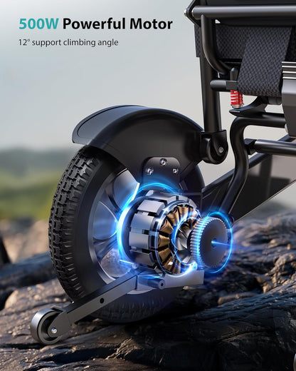 30-Mile Range Foldable Electric Wheelchair , 500W Dual Motor All-Terrain Mobility Power Chair, Lightweight Portable Wheelchair , 400 lbs Capacity