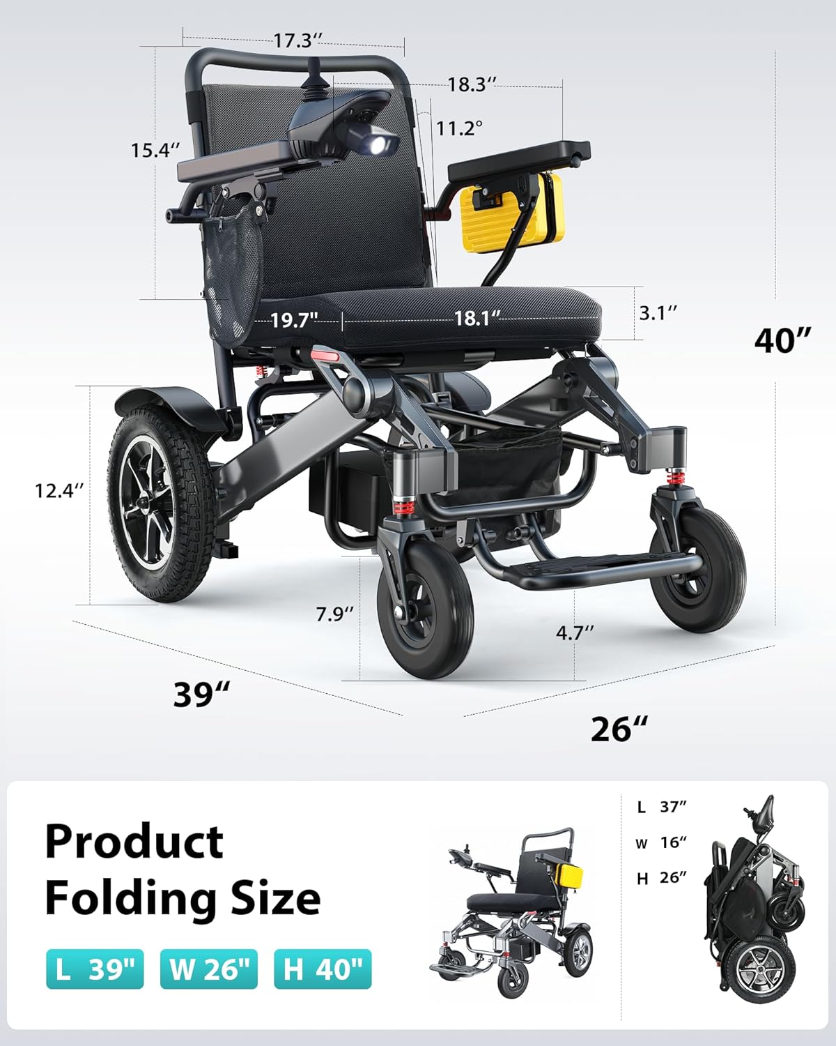 30-Mile Range Foldable Electric Wheelchair , 500W Dual Motor All-Terrain Mobility Power Chair, Lightweight Portable Wheelchair , 400 lbs Capacity