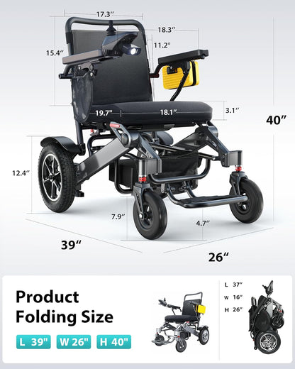 30-Mile Range Foldable Electric Wheelchair , 500W Dual Motor All-Terrain Mobility Power Chair, Lightweight Portable Wheelchair , 400 lbs Capacity
