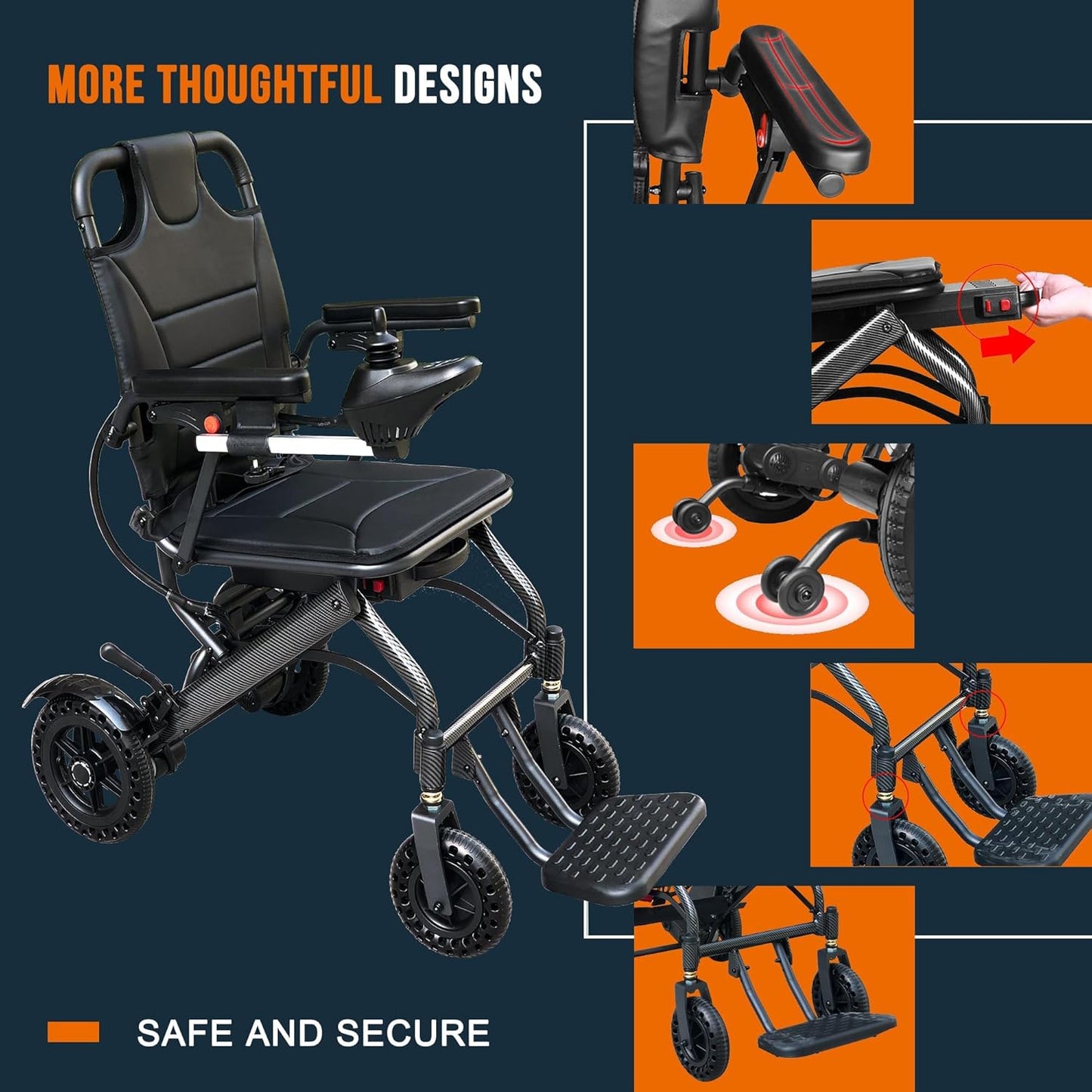 Carbon Fiber Lightweight Foldable Electric Wheelchair, 13kg, Airline Approved, 360W Motor