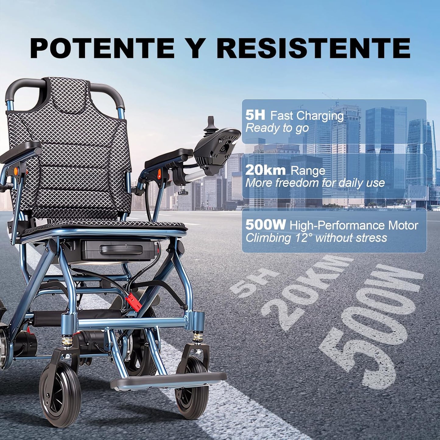Lightweight Foldable Electric Wheelchair, 500W Motor, 20 km Range, 18 kg Portable Powerchair for Travel & Airplane Approved